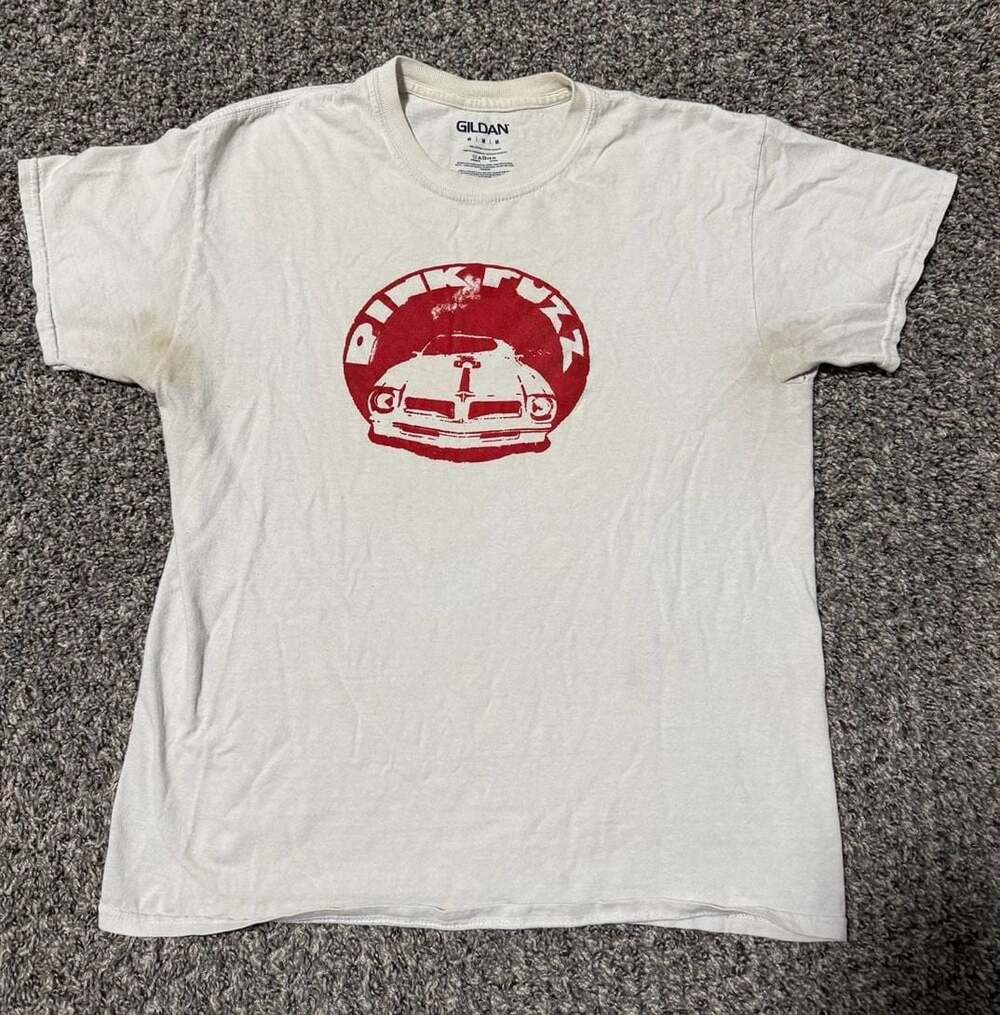 Pink Fuzz Band Graphic T-Shirt Cream Red Distressed Tee Size Medium